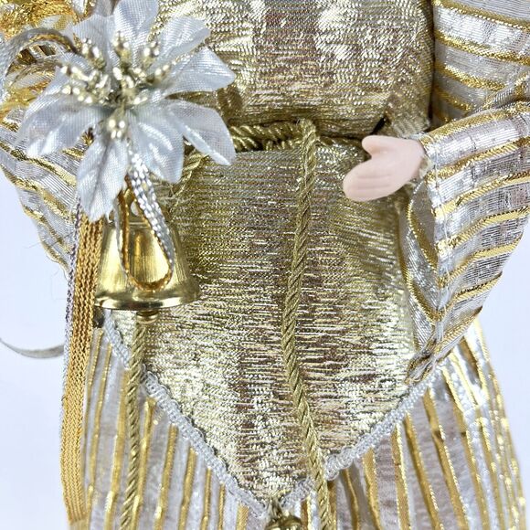 Golden Winged Angel Christmas Tree Topper with Bell & Flower Porcelain Face 12in - Picture 10 of 13